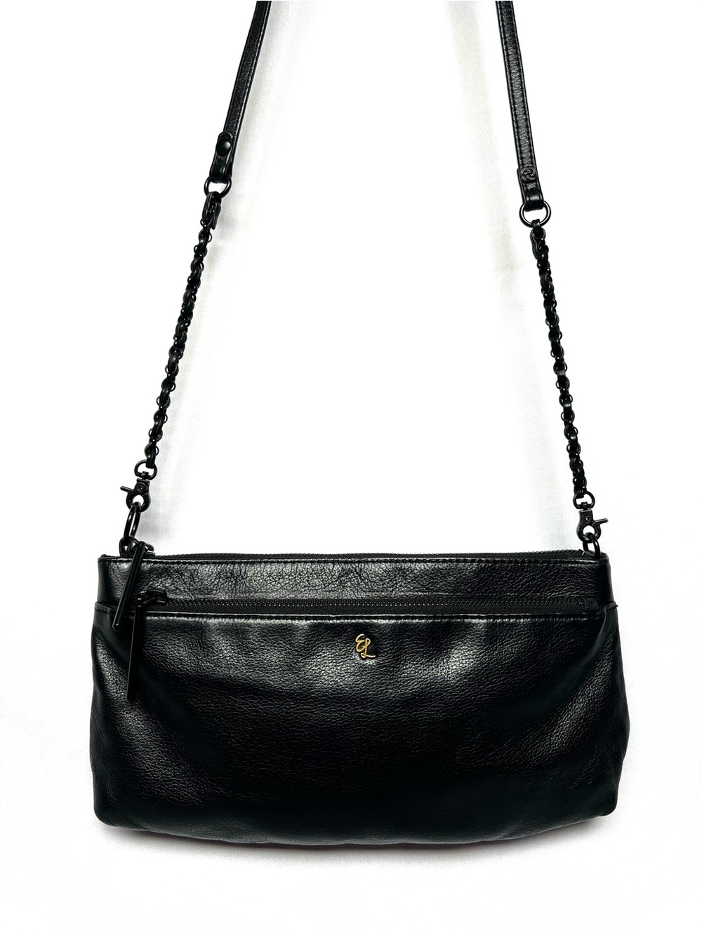 Elliott Lucca Black Leather Crossbody Bag Slim Zip Removable Chain Strap Clutch